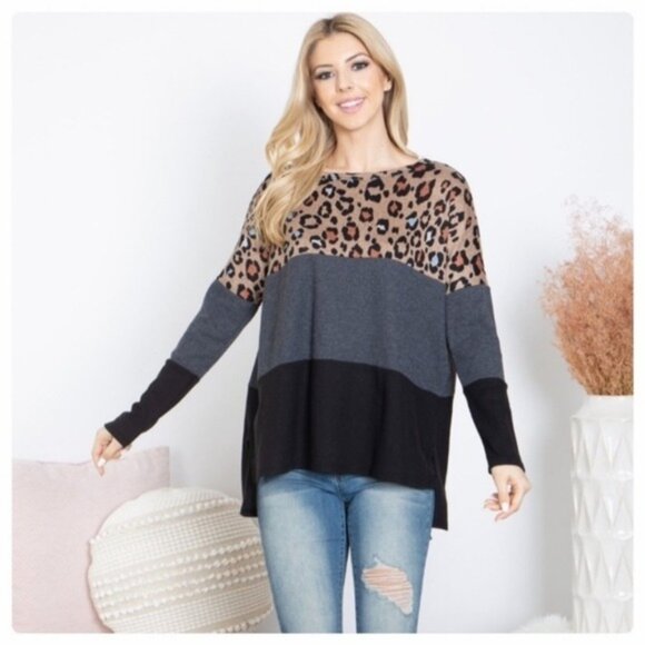 Leopard Print Color Block Long Sleeve Knit Top Women’s Casual Loose Fit-NEW - Picture 5 of 7